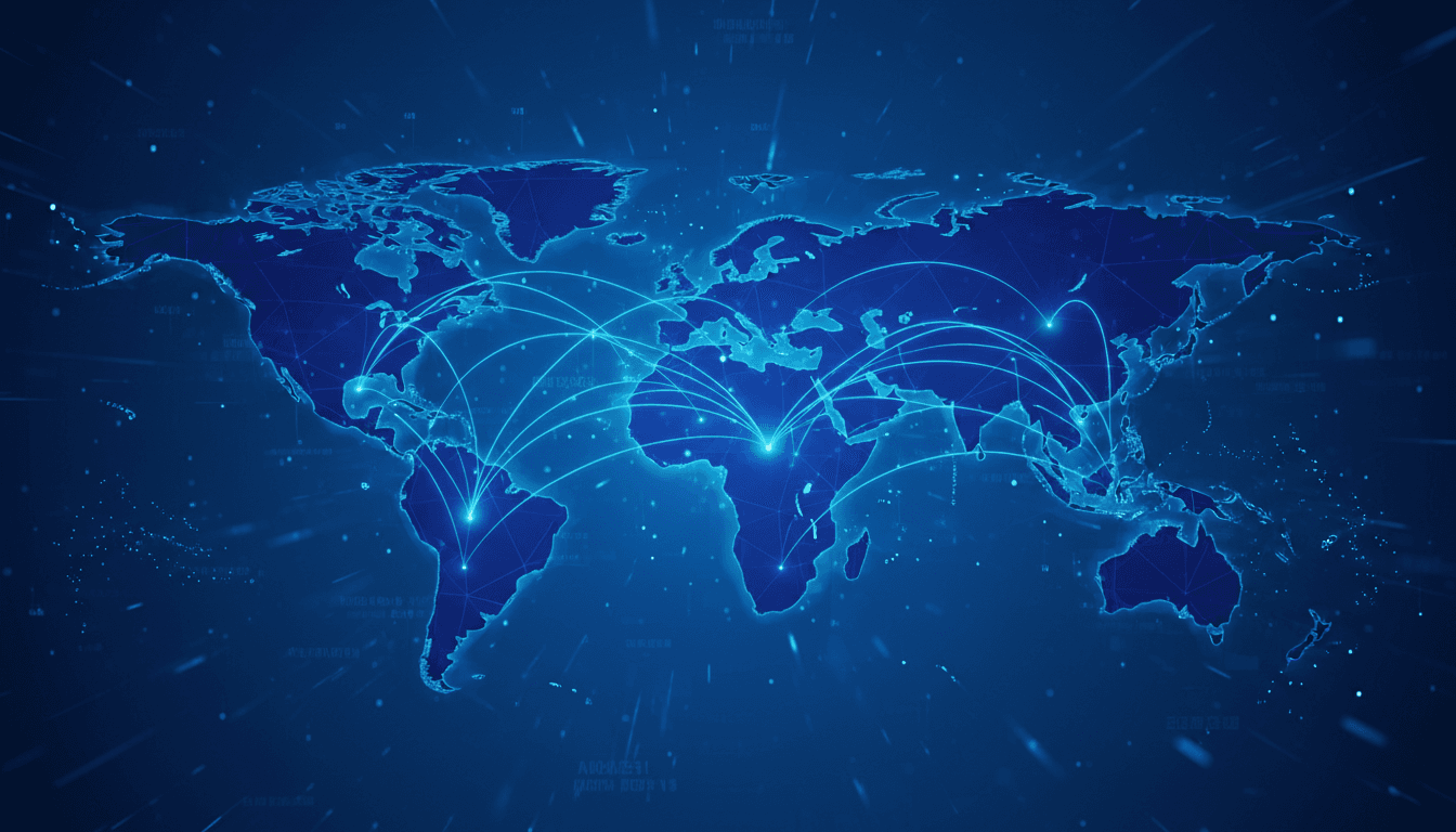 Digital world map with glowing network connections representing global business expansion