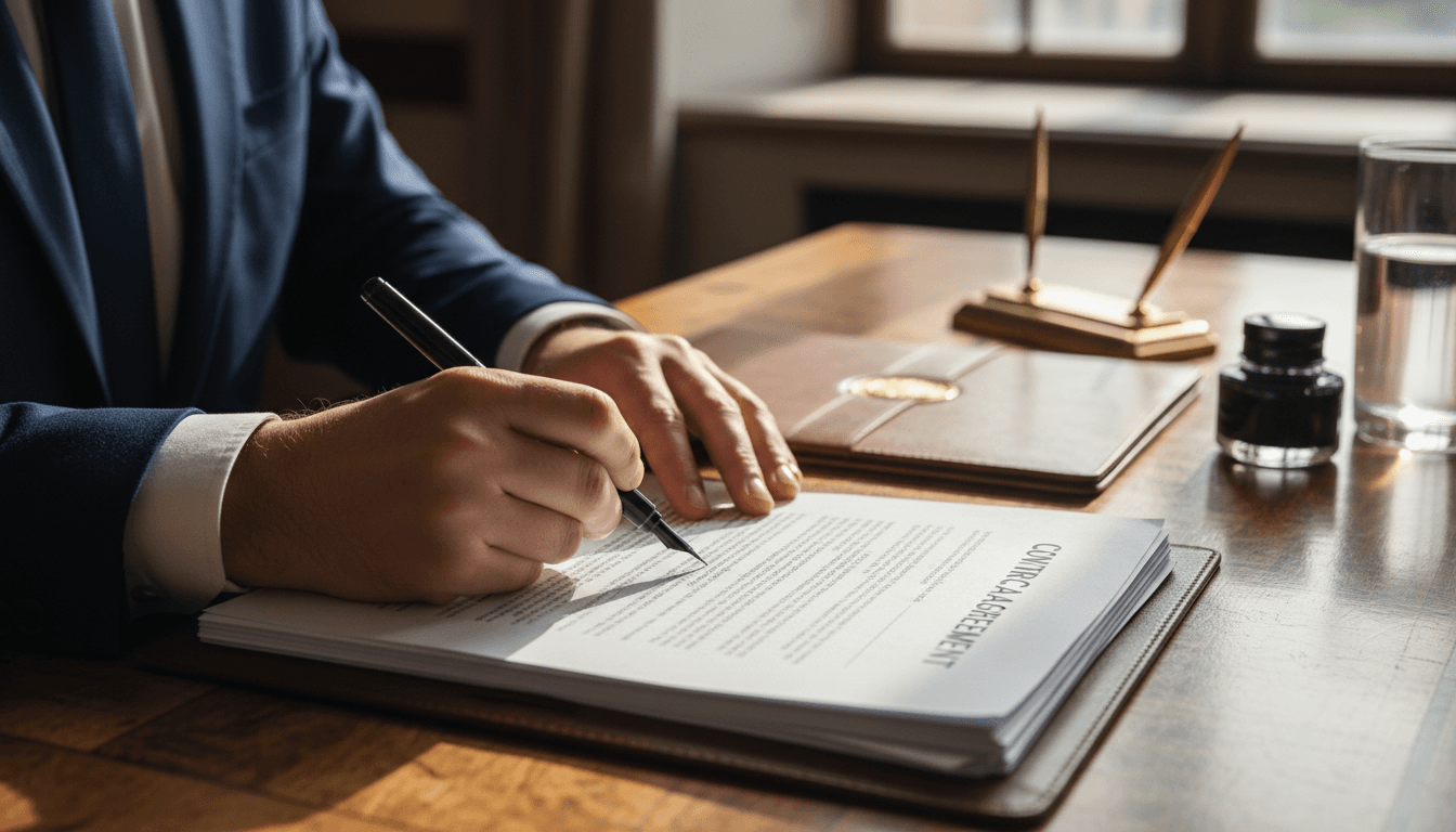 Hands signing a stack of legal documents on a clean wooden desk