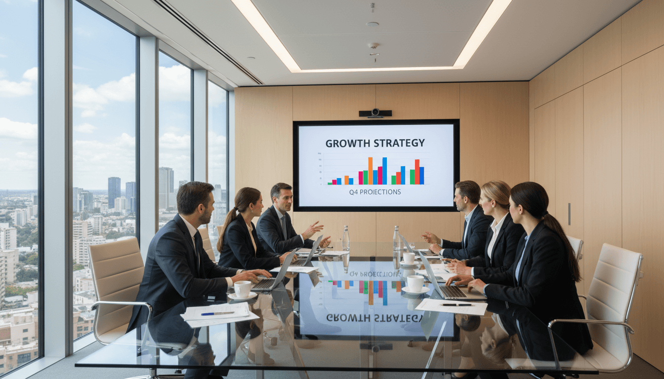 Business professionals reviewing charts and documents on a glass table in a modern meeting room