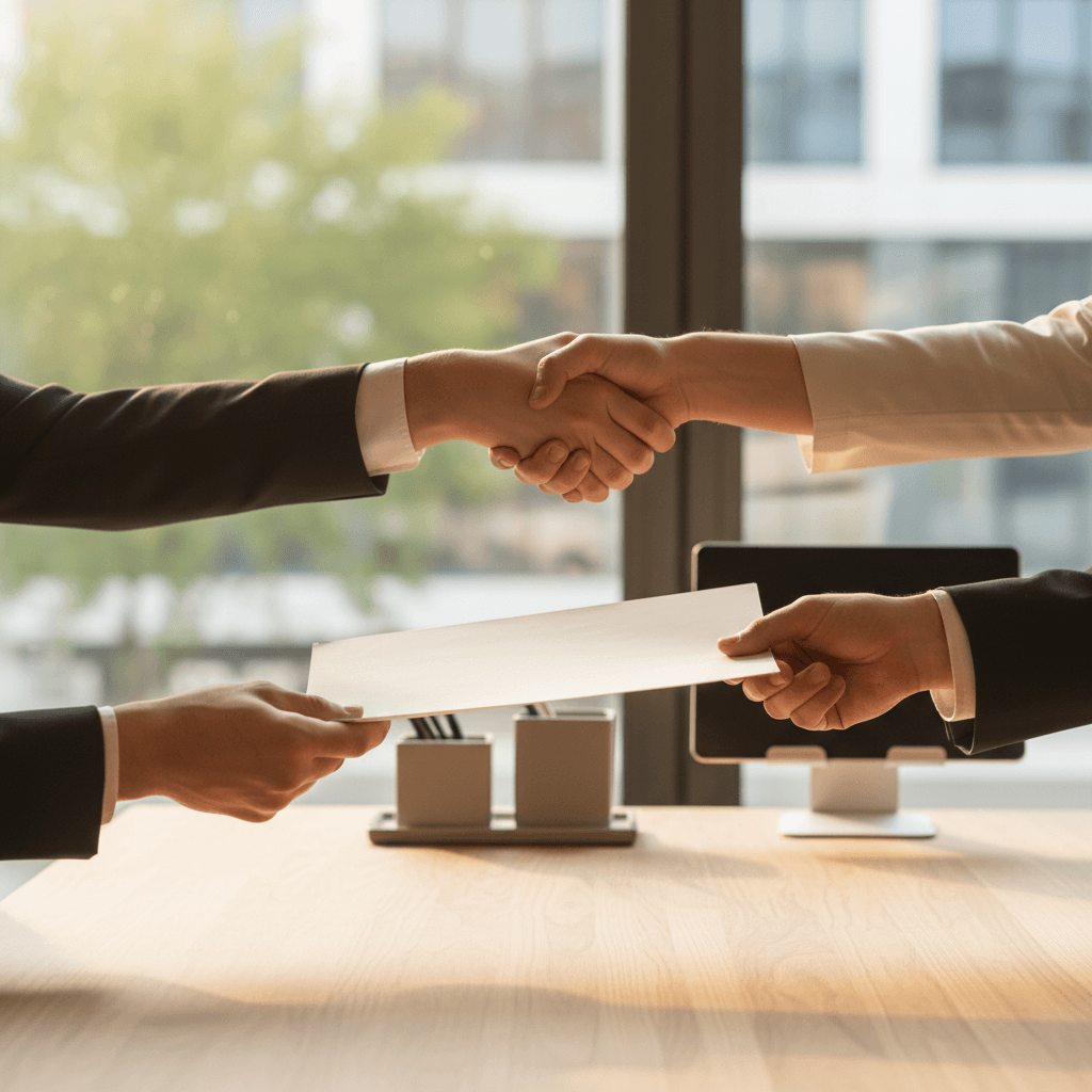 Two professionals shaking hands after signing a contract on a wooden desk