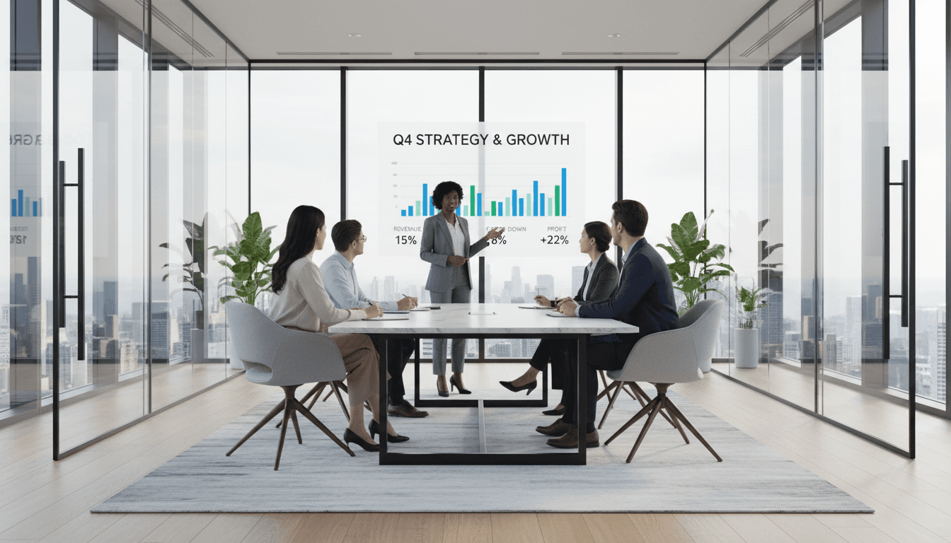 Executive team gathered around a table in a glass-walled conference room