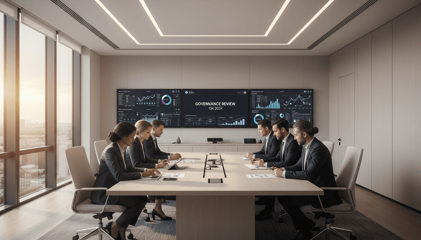 Professional executive team in a modern glass-walled conference room reviewing documents and financial charts