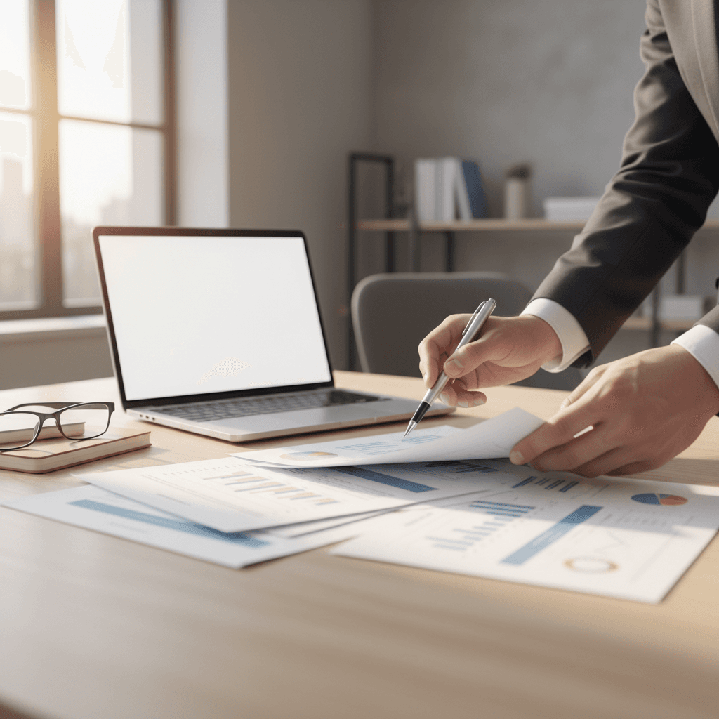 Business advisor reviewing financial documents on a tablet at a clean modern desk