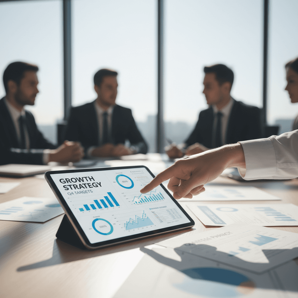 A team of professionals reviewing growth charts on a digital tablet in a modern boardroom